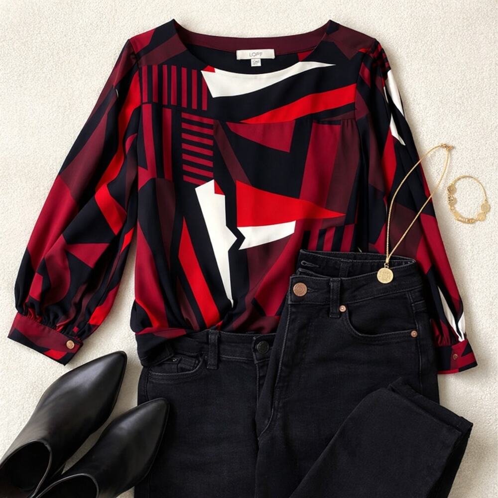 LOFT Abstract Geometric Print Blouse Red Black Long Sleeve Size M